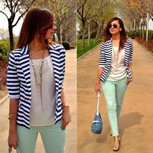 Navy blue and white striped blazer